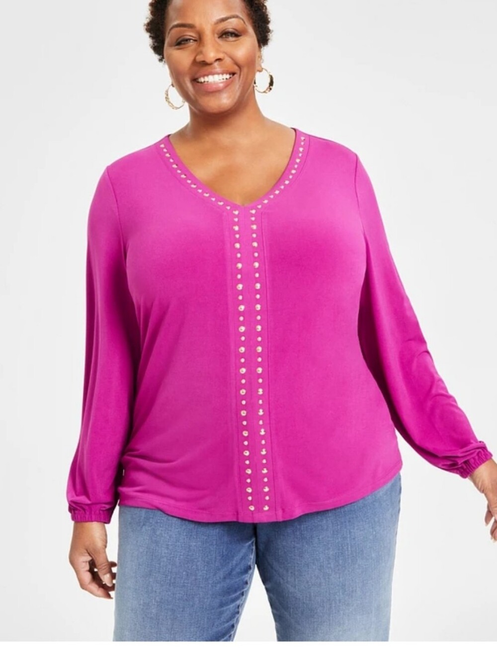 I.n.c. International Concepts BLUE Studded V-Neck Blouson-Sleeve Top